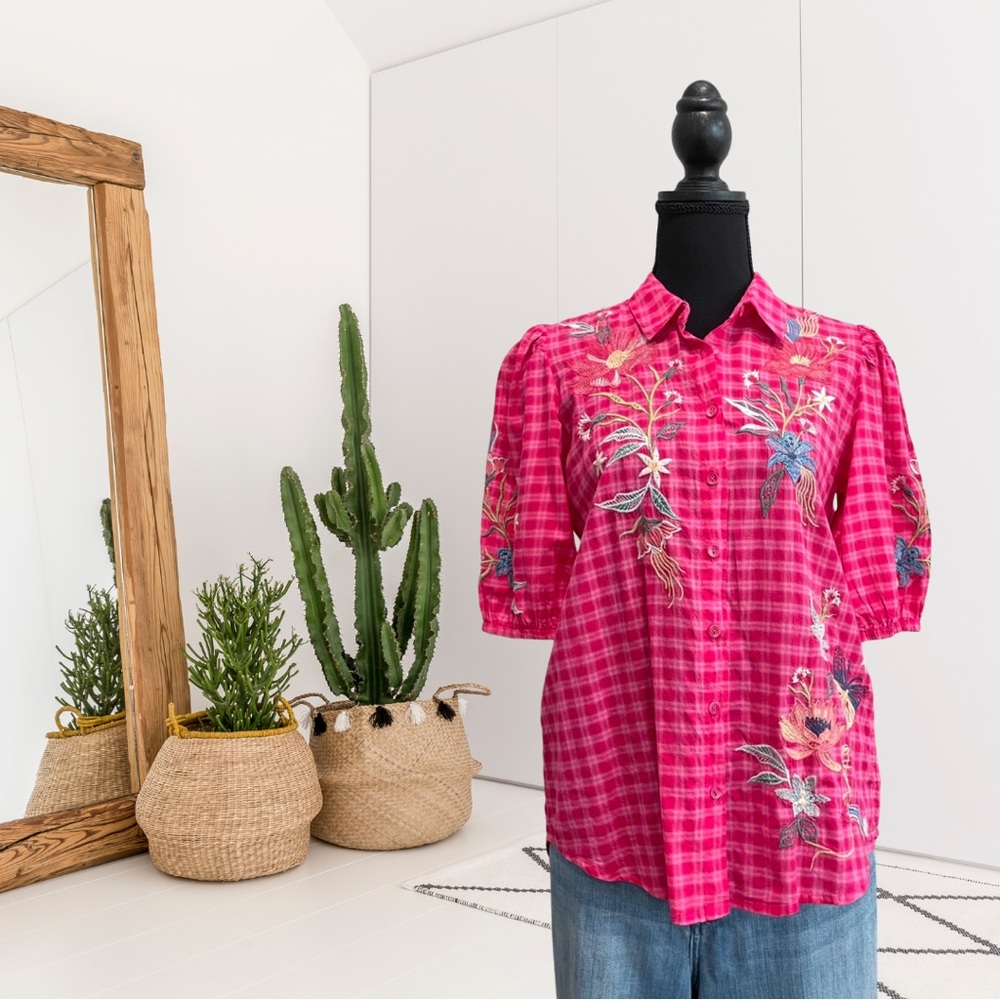 Johnny Was Workshop Jordan Lisbon Plaid Floral Embroidered Button Down Top